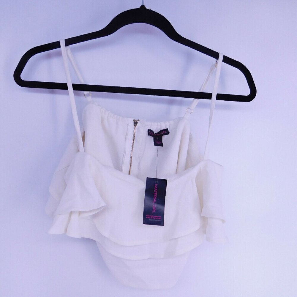 Material Girl Women's Crop Top Size L Large Cream Zipper Ruffles Halter